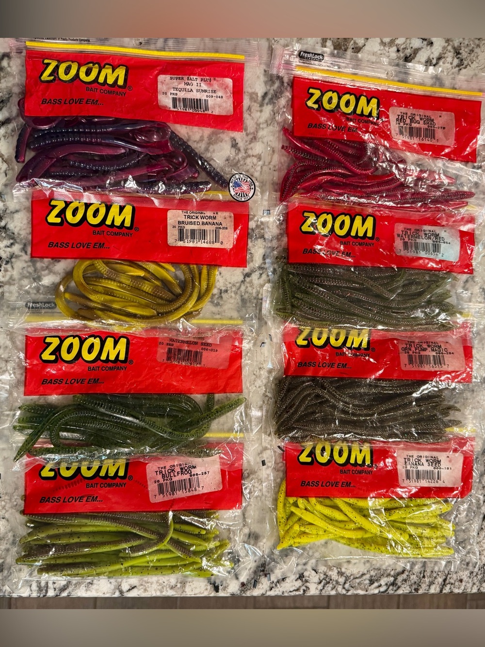 Zoom Soft Plastic Worm Lot 8 Packs Bass Fishing Baits Mixed Colors Used